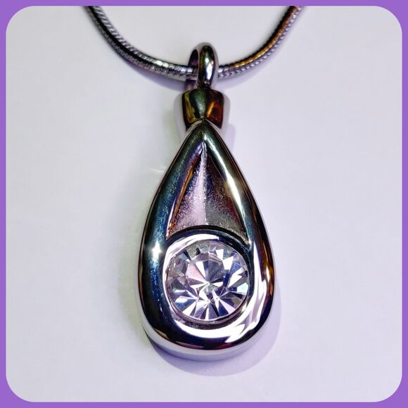 Stainless & Crystal Teardrop Cremation Urn Pendant for Ashes w/Chain - Memorial - Picture 2 of 11